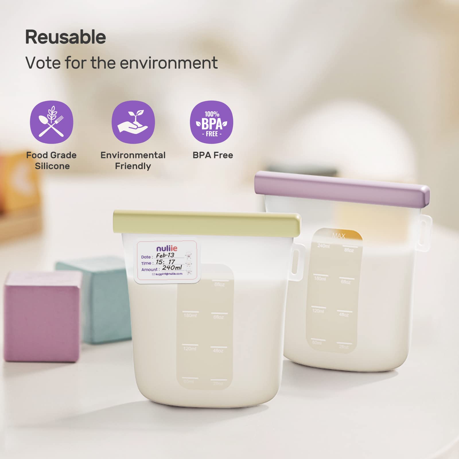 Nuliie breastmilk bags 8oz transparent scale helps track milk volume