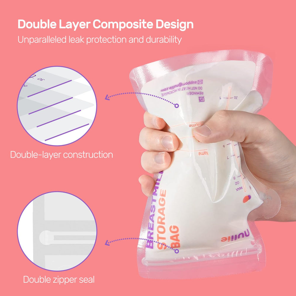 Nuliie breastmilk bags stand upright for space-saving storage