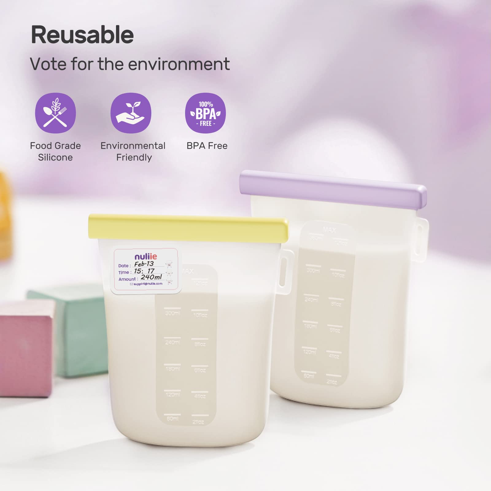 Nuliie reusable silicone breastmilk bags suitable for long-term storage
