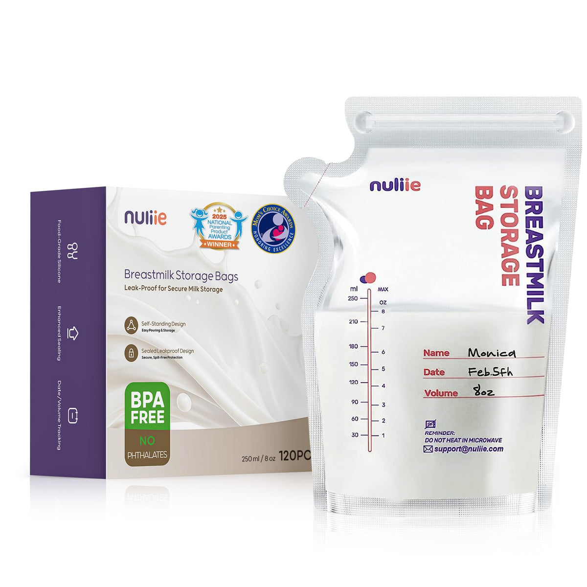 Nuliie breastmilk bags with side spout for spill-free pouring