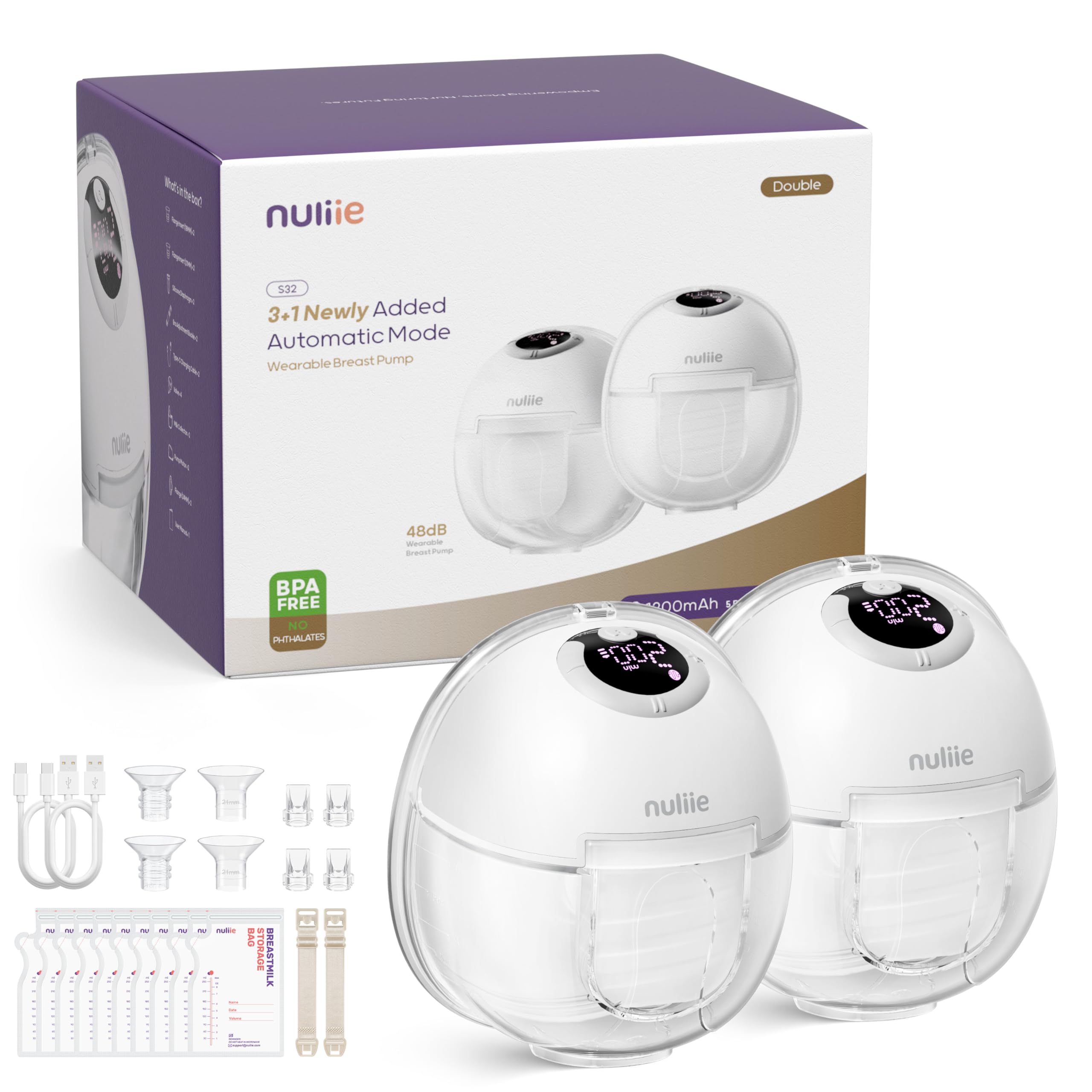 Nuliie S32 hands-free wearable pump in a closed system for mess-free milk collection.