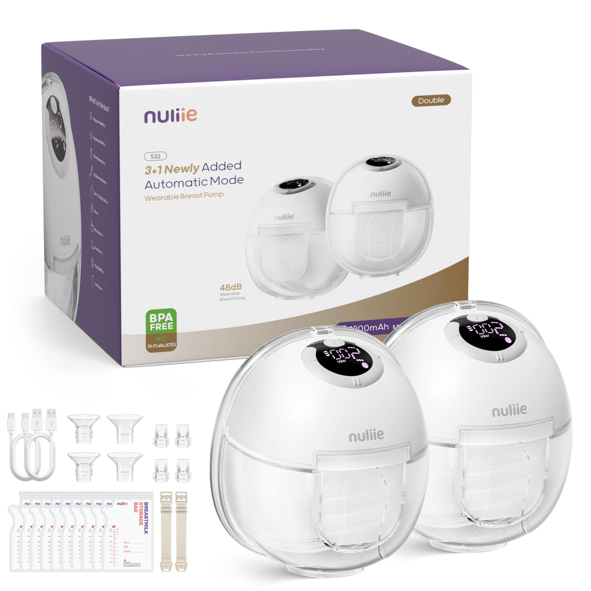 Nuliie S32 hands-free wearable pump in a closed system for mess-free milk collection.