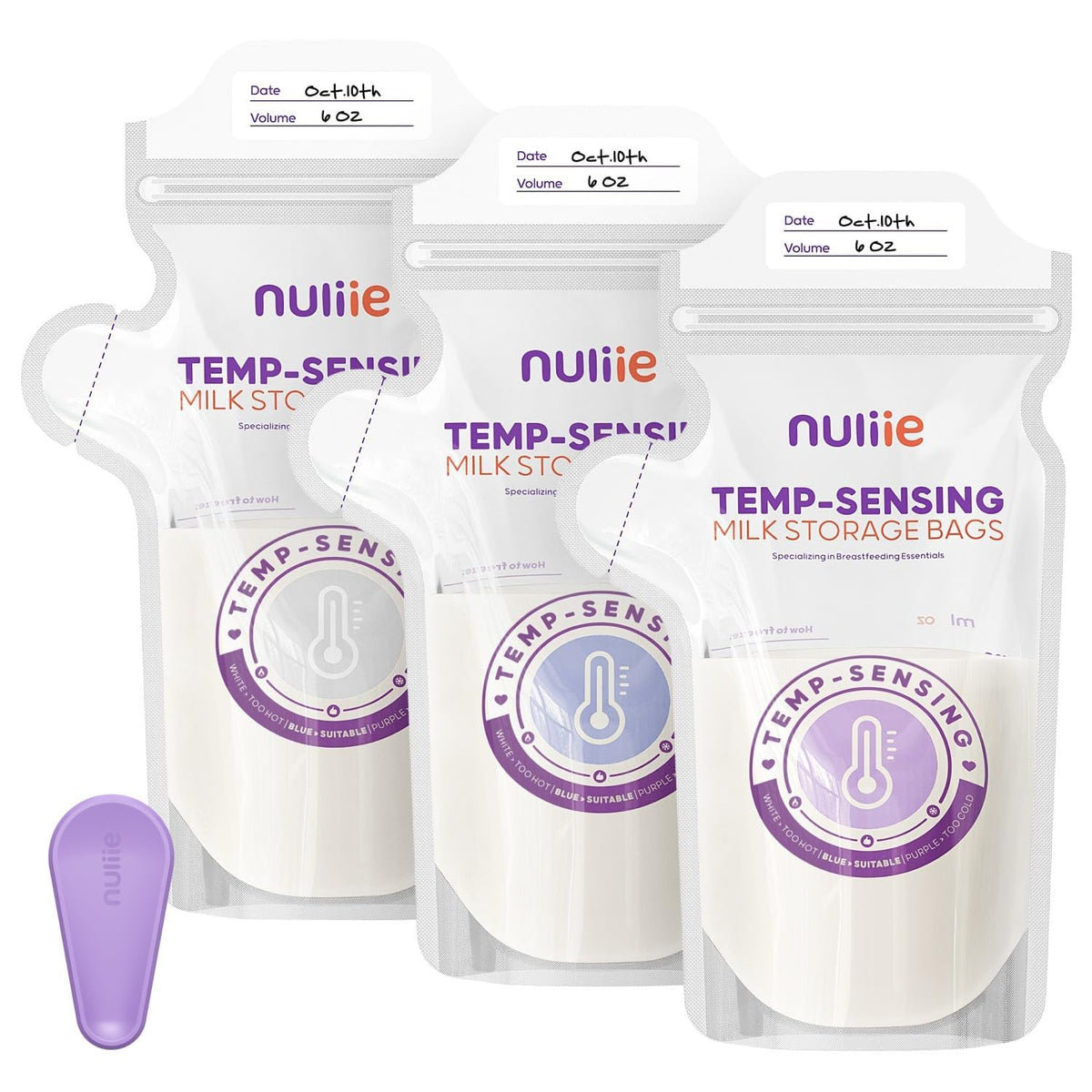 Nuliie temp-sensing icon on breastmilk bags helps verify milk temperature for safe feeding.