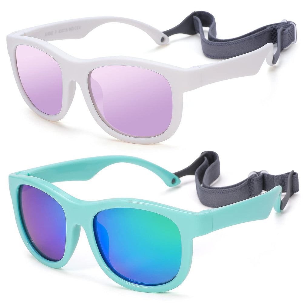 NULOOQ baby sunglasses white purple mirrored front with UV protection for sunny outings