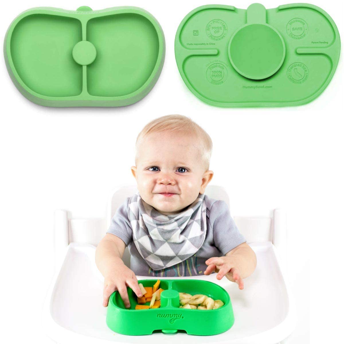Nummy Bowl green silicone close-up shows plastic-free feeding design for safe baby meals