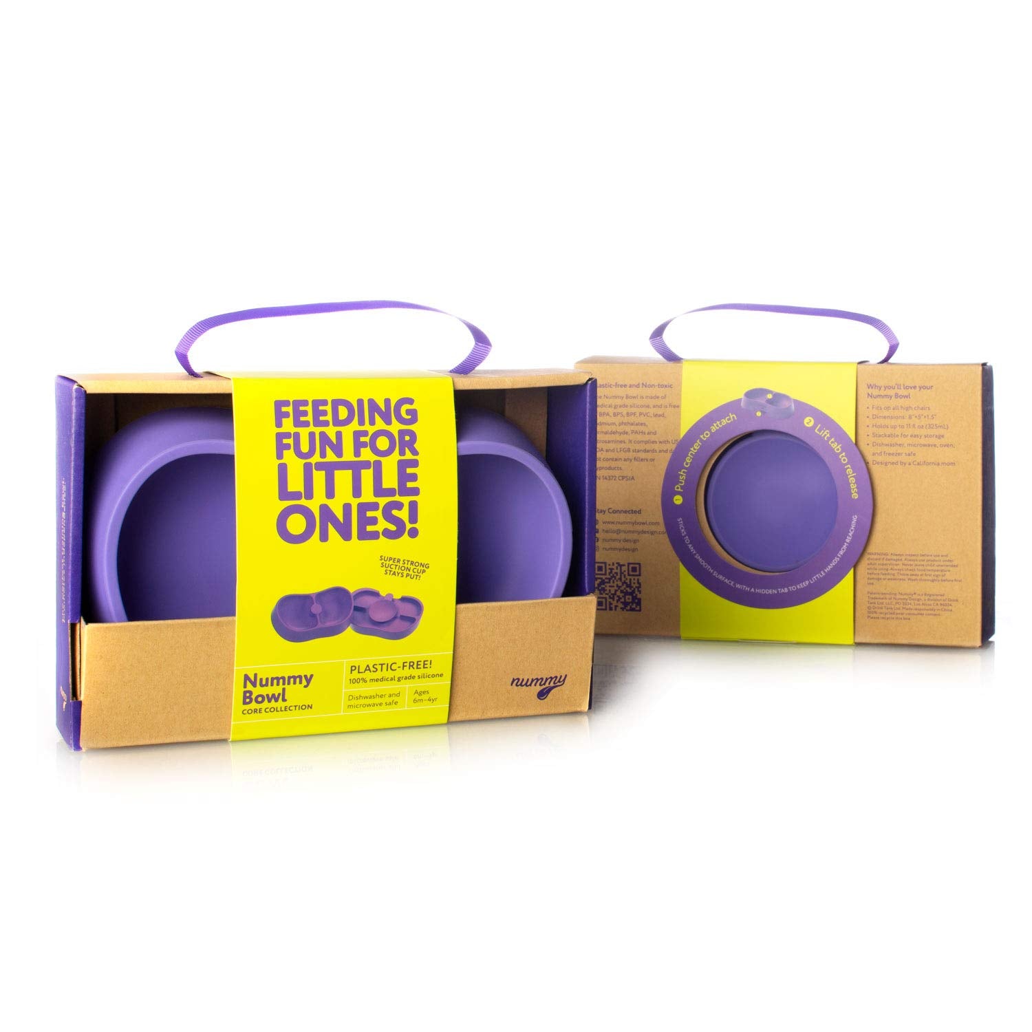 Nummy BOWL size on high chair tray showing compatibility and meal portion.