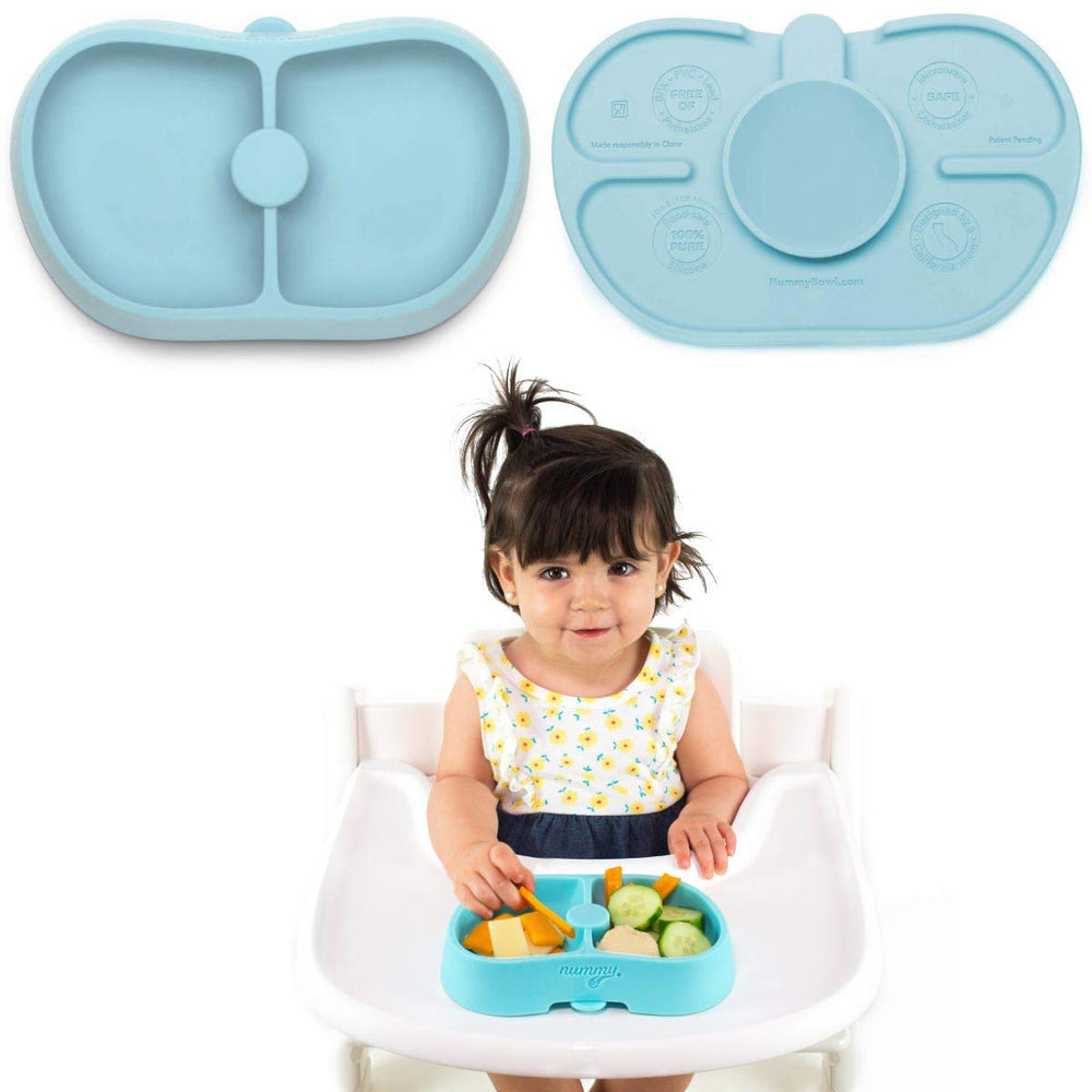 Nummy BOWL light blue silicone bowl showing safe material for baby meals.