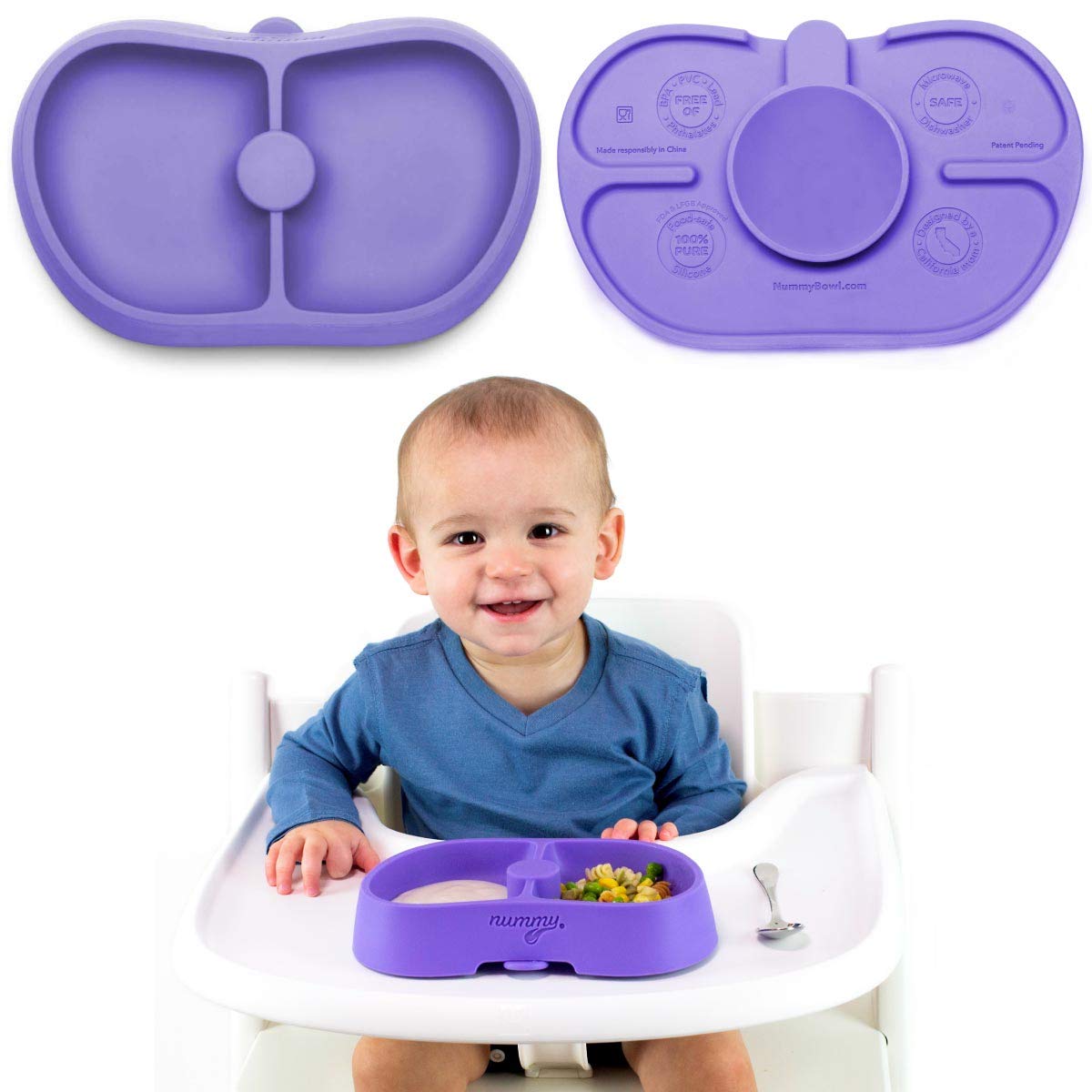 Nummy Bowl pure silicone bowl highlights platinum silicone for safe baby meals.