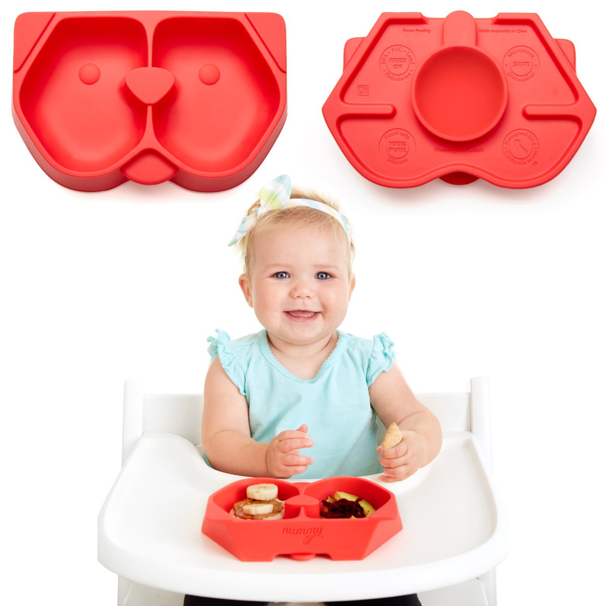 Nummy BOWL with hidden suction cup secures on a high chair for mess-free feeding