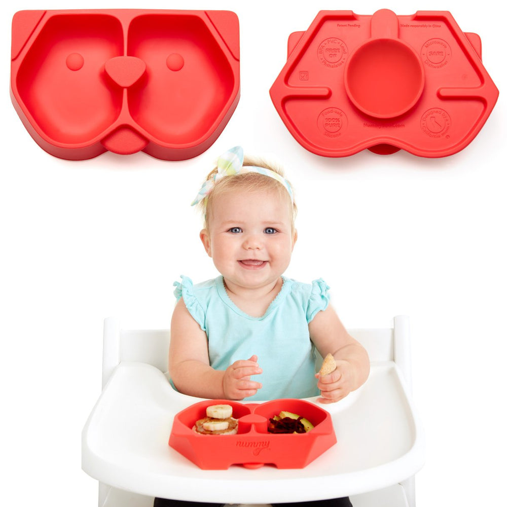 Nummy BOWL with hidden suction cup secures on a high chair for mess-free feeding