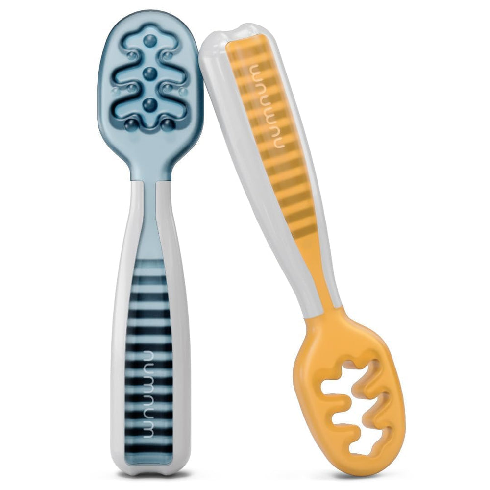 NumNum baby spoons set packaging in blue and orange, travel-ready mealtime kit.