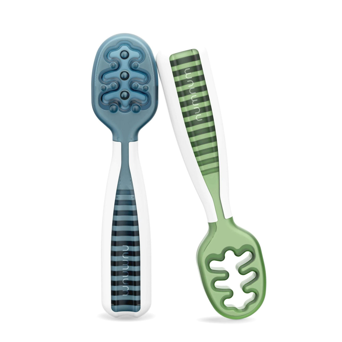 NumNum baby spoons set packaging in blue and green, travel-friendly feeding kit.