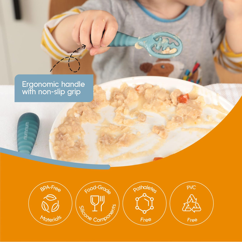 NumNum BLW-design flat-green spoon enables confident baby-led feeding