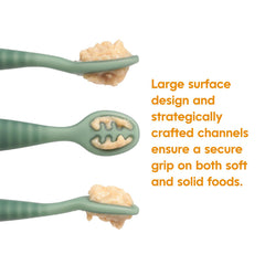NumNum first-stage spoons green on table illustrate easy transition to self-feeding