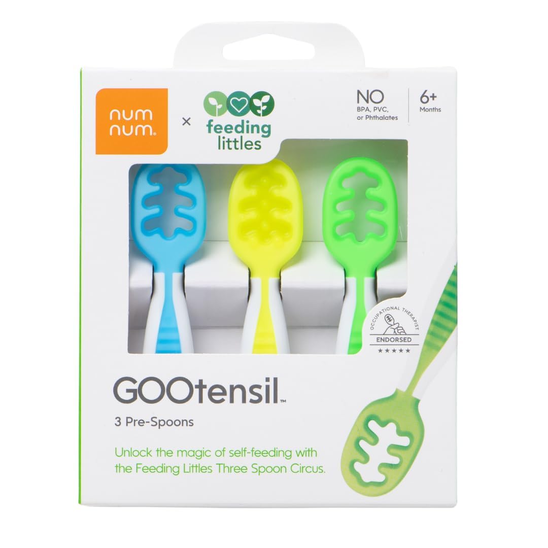 NumNum GOOtensils neon Stage One teether demonstrates gentle gums relief during first meals