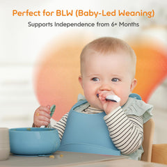 NumNum pre-spoon close-up showing thick contoured handle for secure grip on tiny hands.