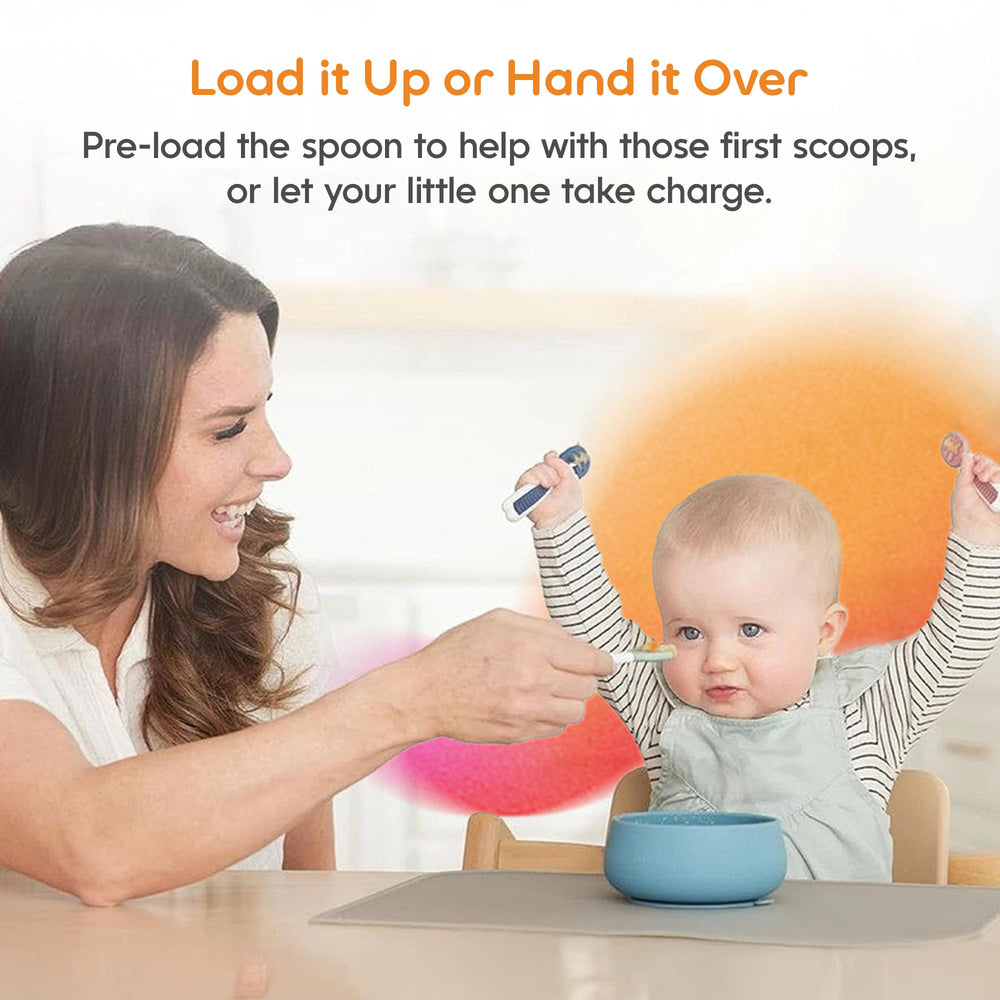 NumNum flat-design Pre-Spoon supports baby-led weaning without wrist rotation.