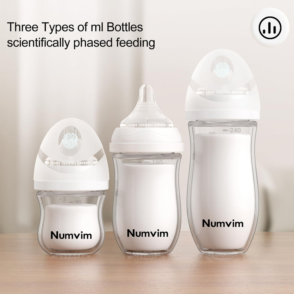 NUMVIM natural glass bottle 5oz with slow-flow nipple for comfortable feeds.
