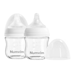 NUMVIM natural glass baby bottle front view shows BPA-free, easy-to-clean design