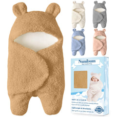Nunibum baby swaddle bear hood closeup highlighting cozy faux cashmere softness for newborn sleep.