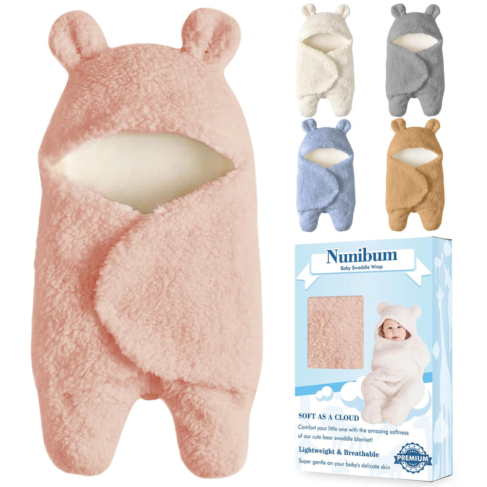 Nunibum baby swaddle bear pink soothes newborns with a cozy plush design for easy sleep transitions.