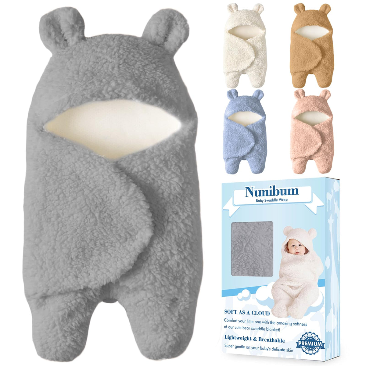 Nunibum baby swaddle blanket gray front view shows soft cotton and snug fit