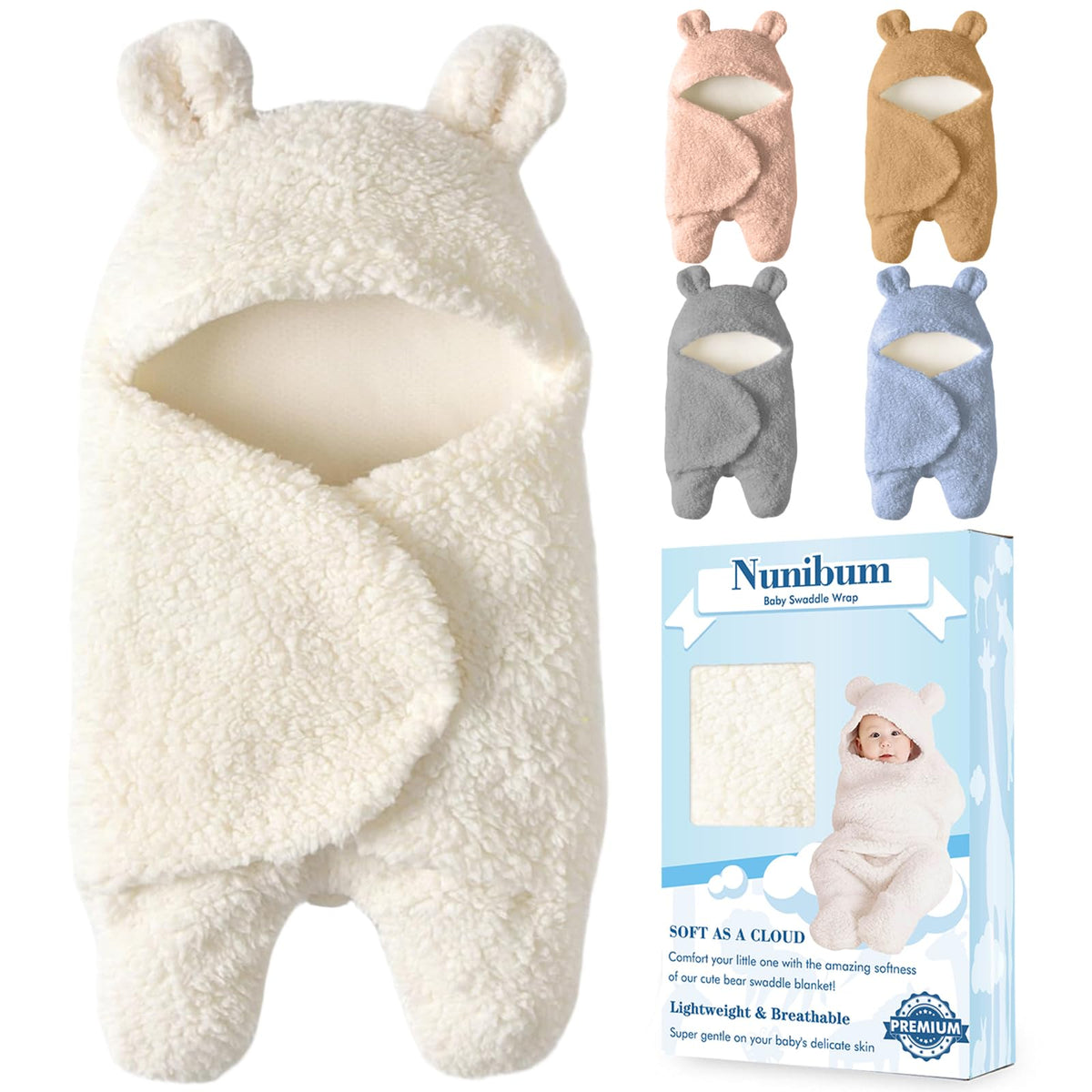 Nunibum baby swaddle close-up with bear plush for cozy newborn comfort