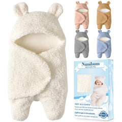 Nunibum baby swaddle close-up with bear plush for cozy newborn comfort