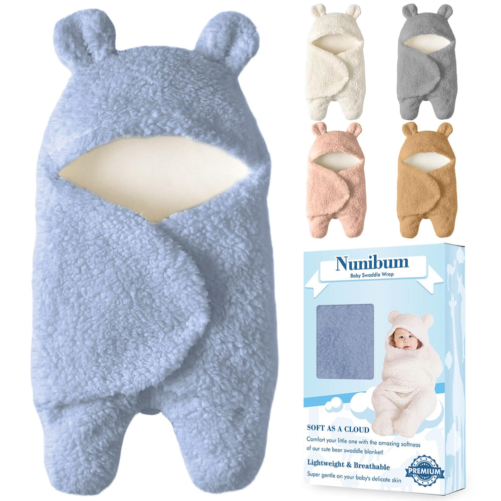 Nunibum bear swaddle blue face close-up for cozy newborn comfort