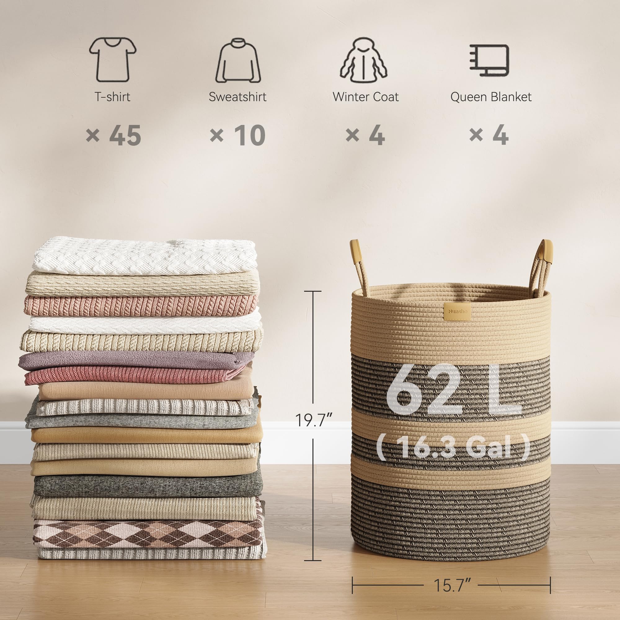 Nunsino 62L striped hamper folded compact image demonstrates foldable storage convenience.