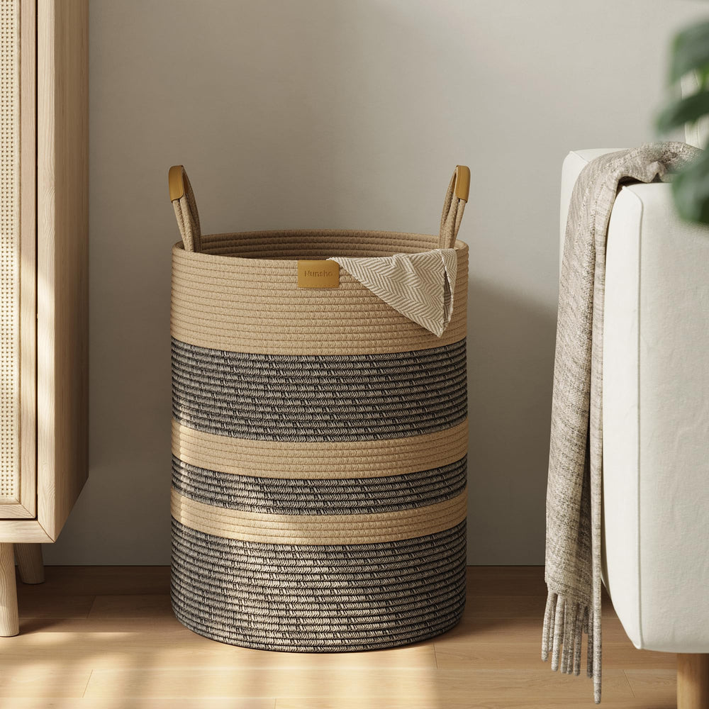 Nunsino 62L striped laundry hamper front view showing roomy capacity for daily laundry.