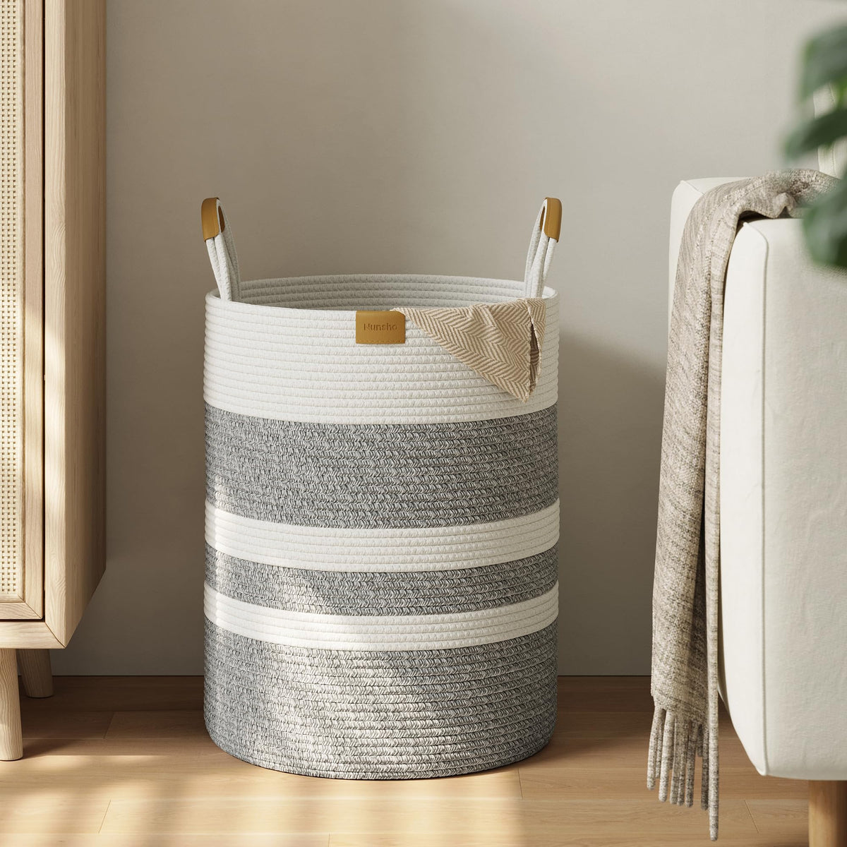 Nunsino 62L striped laundry hamper in gray stripes showing spacious capacity for family laundry