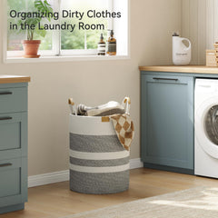 Nunsino 62L striped hamper with leather handles, easy to move between rooms