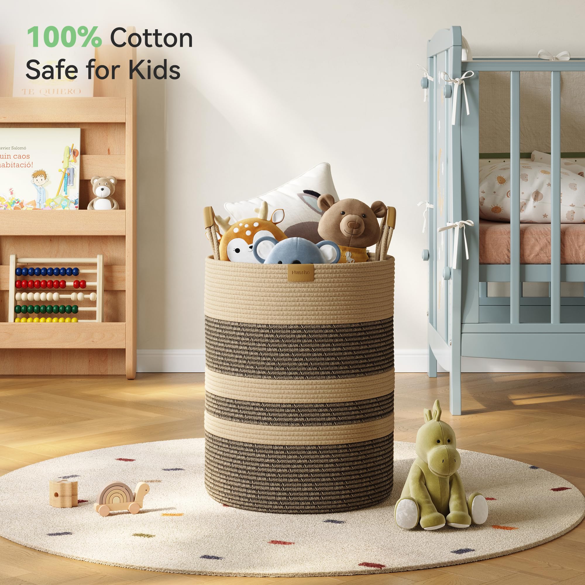 Nunsino 62L striped hamper leather handles closeup highlights durable stitching for regular use.