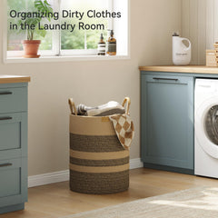 Nunsino striped laundry hamper side view emphasizes easy transport with leather handles.