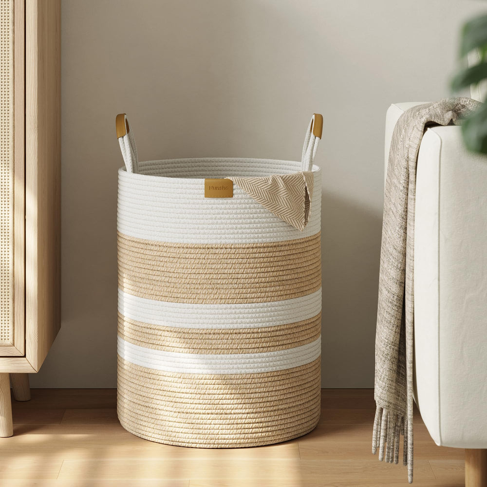 Nunsino 62L striped laundry hamper shows generous capacity for large loads and easy room-to-room transport.