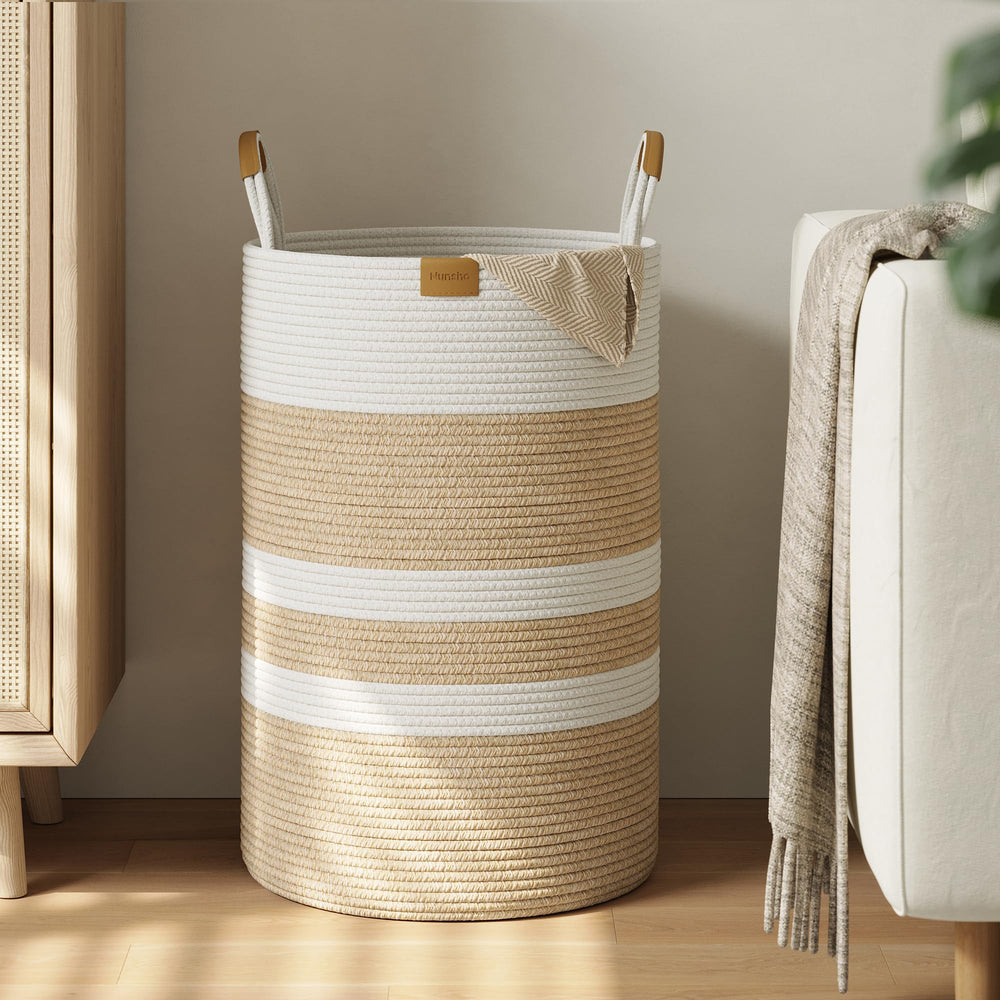 Nunsino 75L striped laundry hamper with beige stripes for large-family storage.