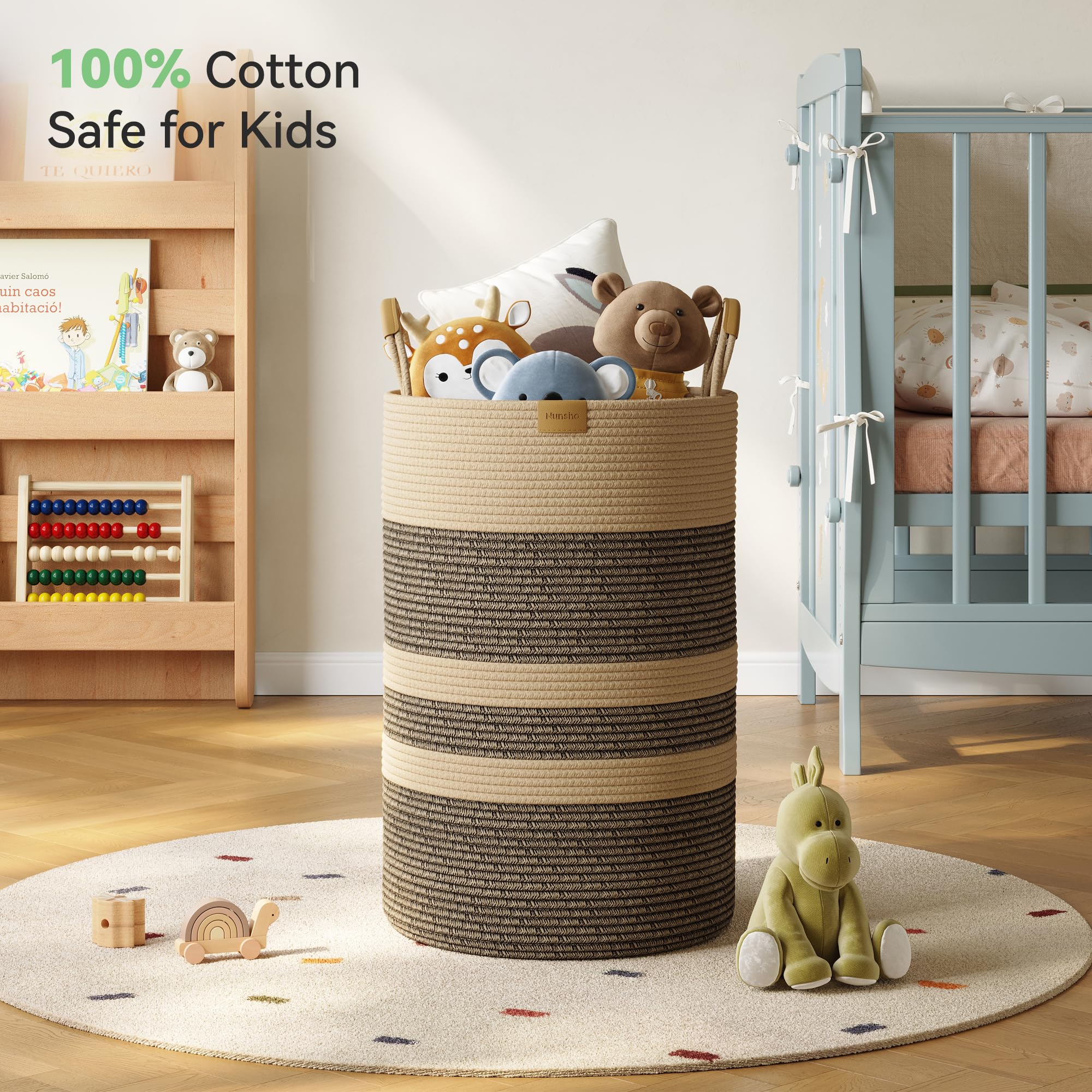 Nunsino 75L striped laundry hamper open-top demonstrates convenient loading and access.