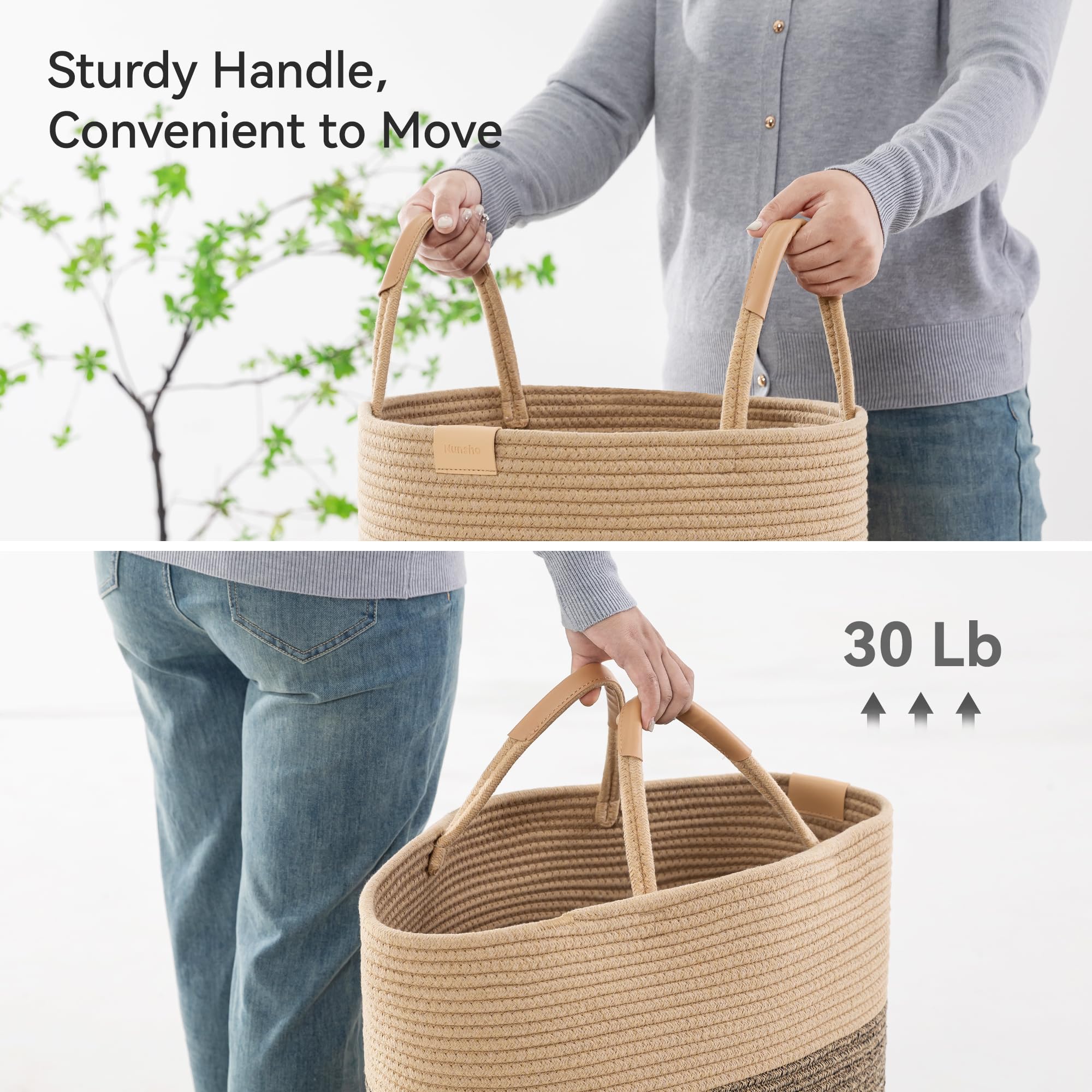 Nunsino 75L striped laundry hamper with blankets shows versatile household organization.