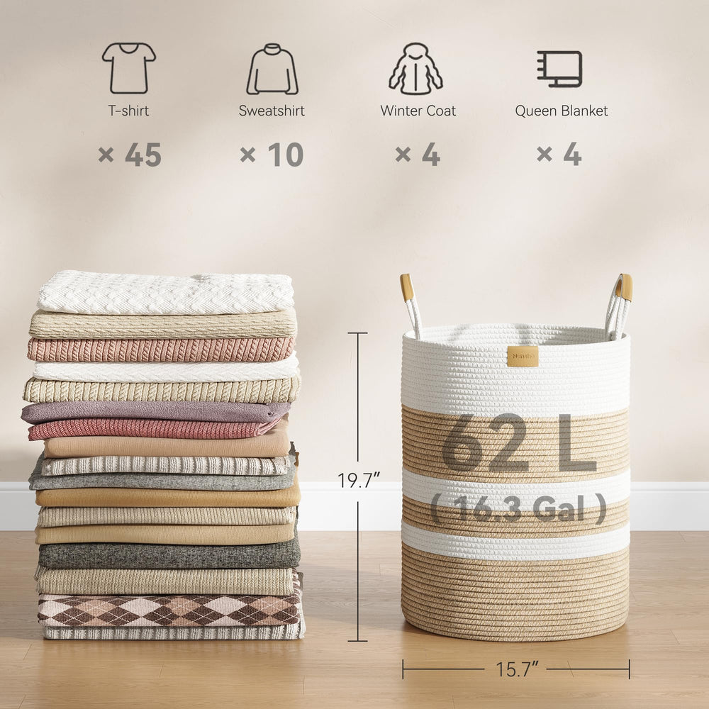 Nunsino beige-stripes basket designed for versatile storage in bedrooms or laundry.