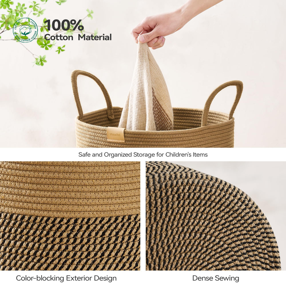 Nunsino dark brown textile bin storing blankets and pillows neatly.