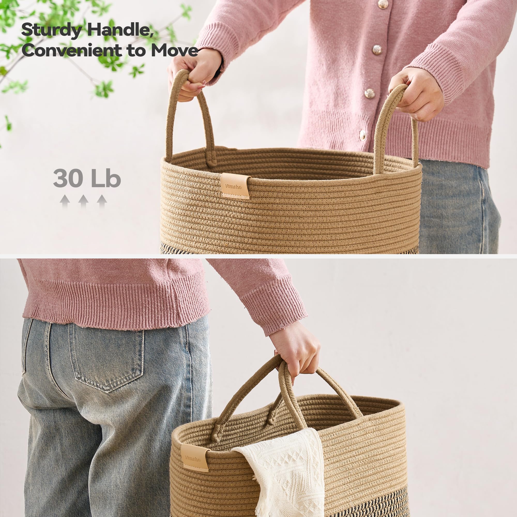 Nunsino 80L hamper with sturdy handles for easy relocation.