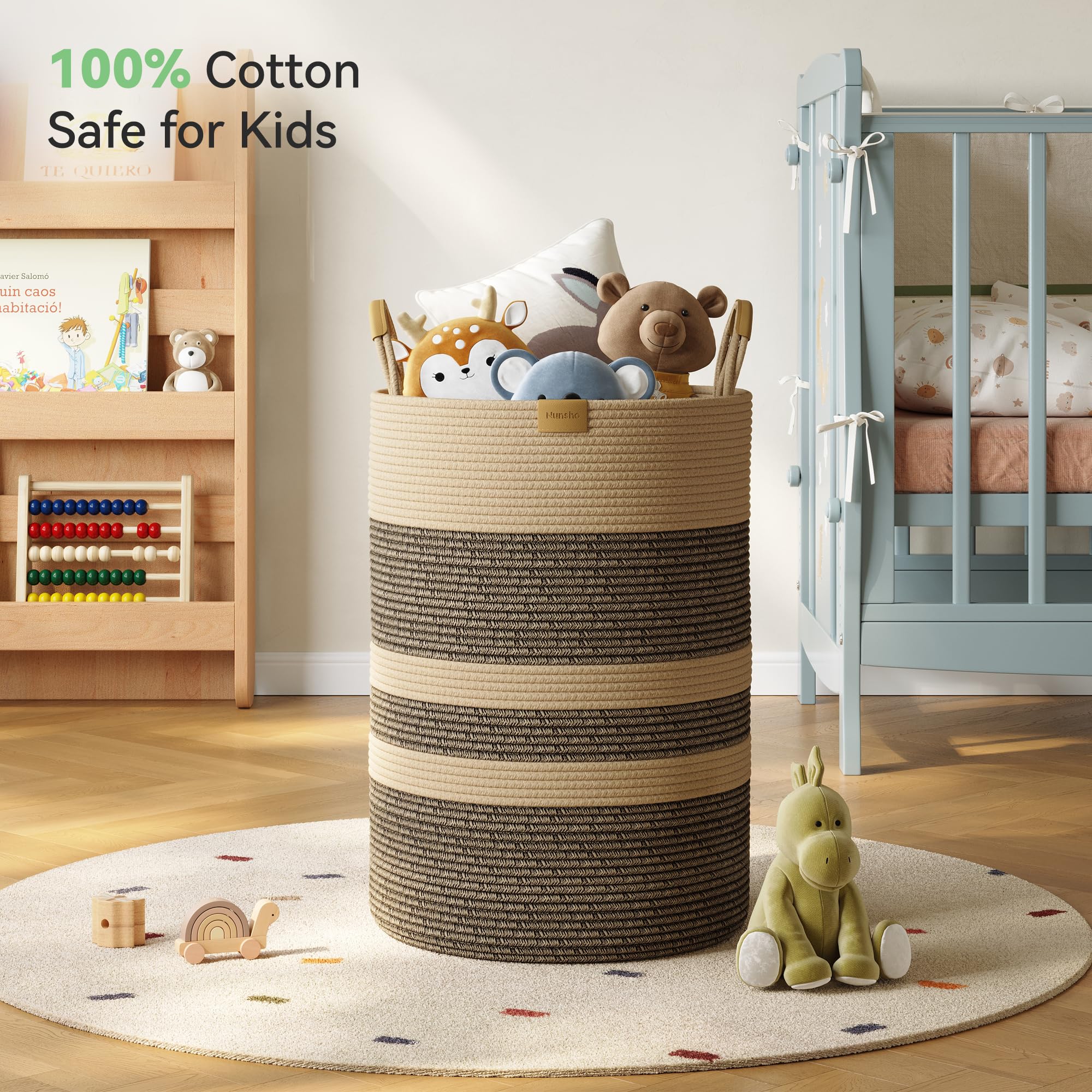 Nunsino 95L capacity shown in large foldable hamper perfect for family laundry loads.