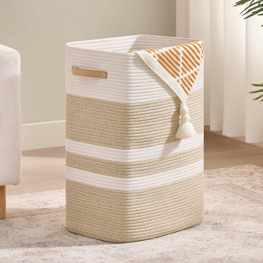 Nunsino laundry hamper front view with leather handles, stylish storage for bulky loads.