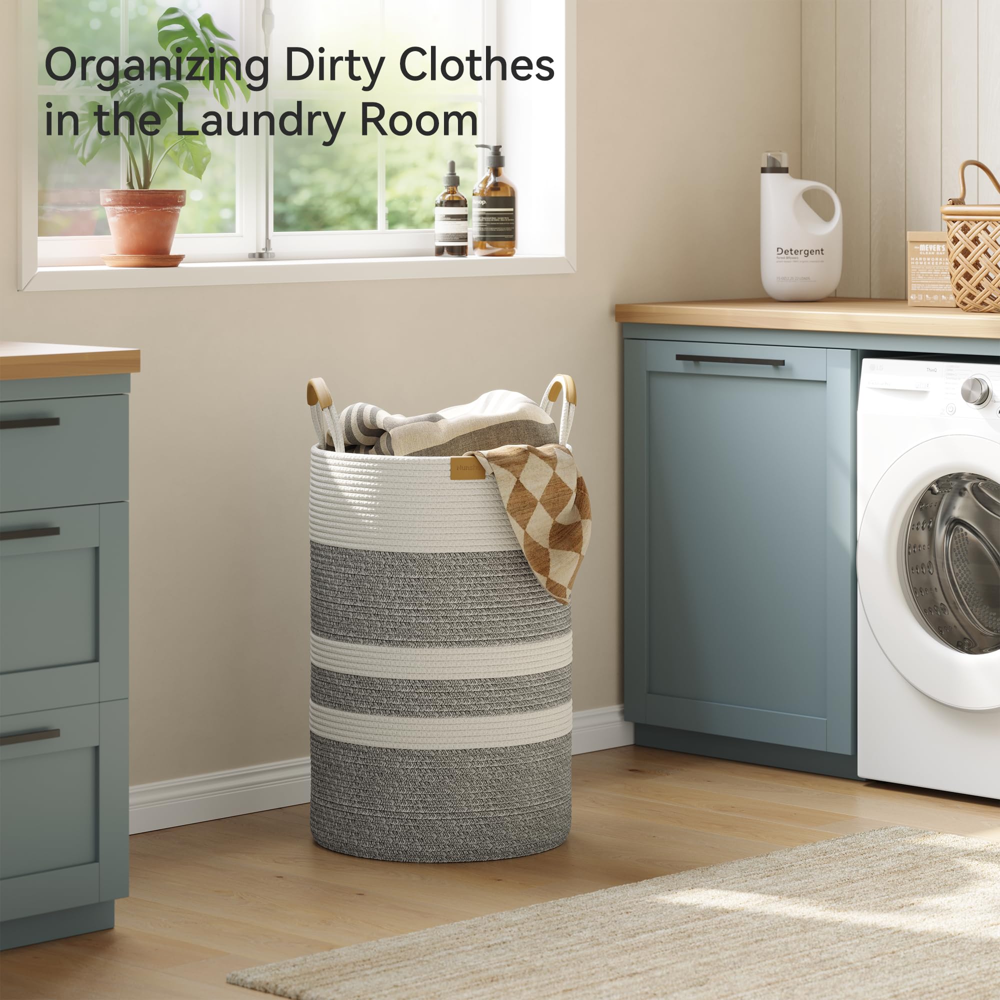 Nunsino laundry hamper leather handles enable easy room-to-room transport