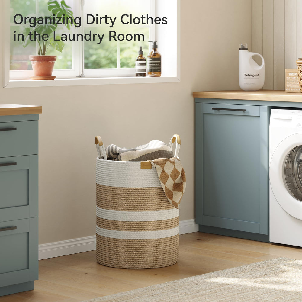 Nunsino leather-handles hamper highlighted by stylish beige stripes for functional bedroom storage.