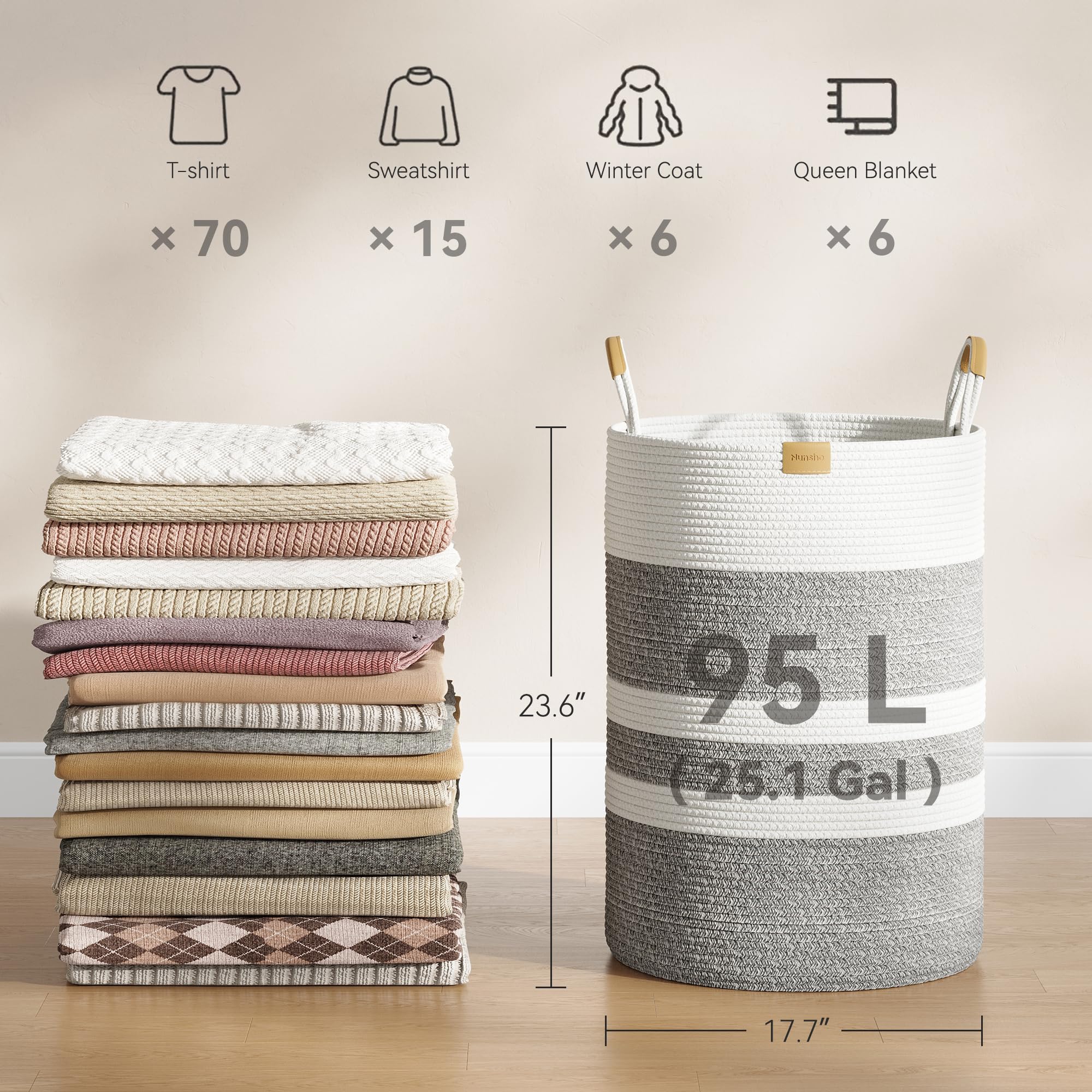Nunsino spacious laundry hamper in use, showcasing clutter-free bedroom organization and easy transport