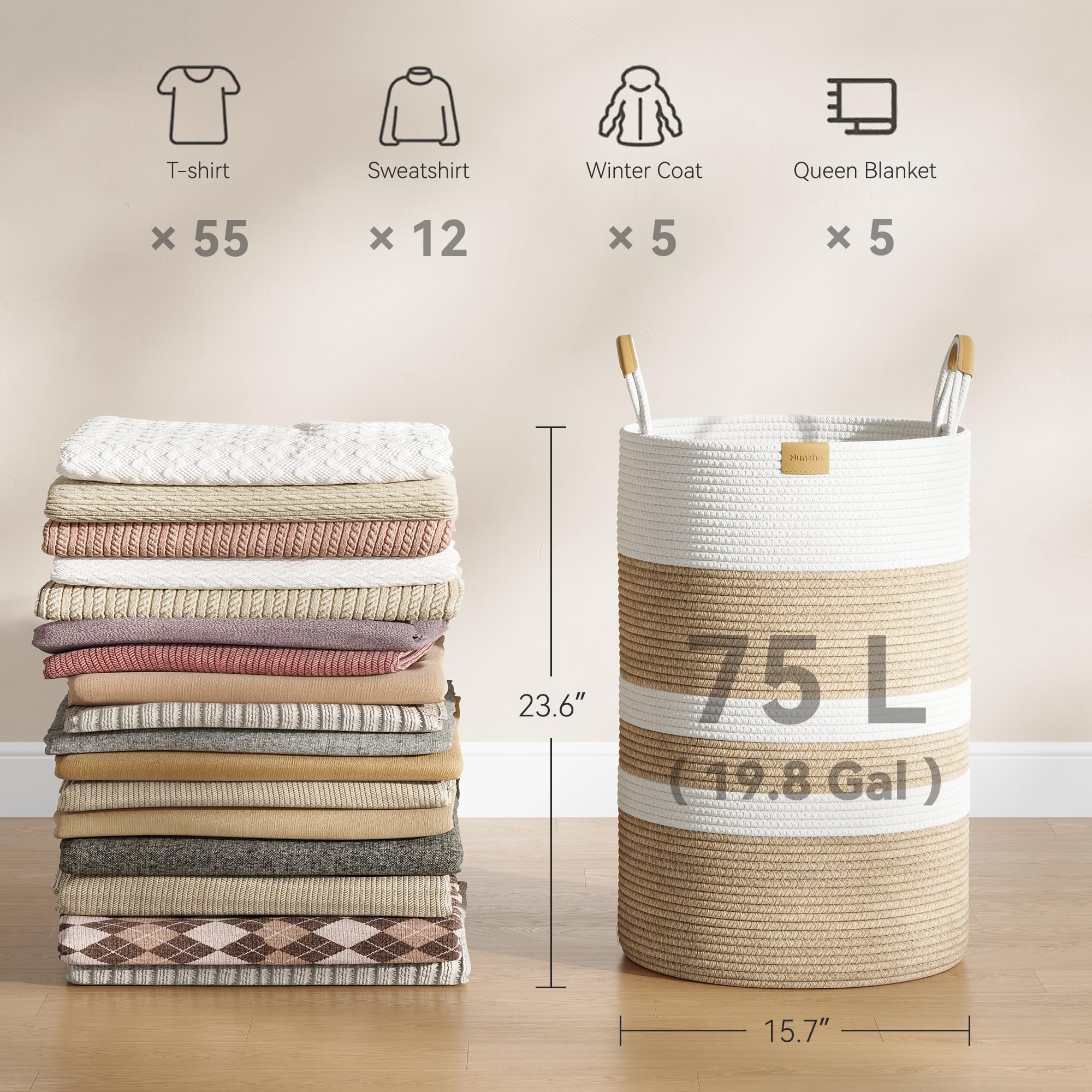 Nunsino woven clothes basket for bedroom decor with natural texture.