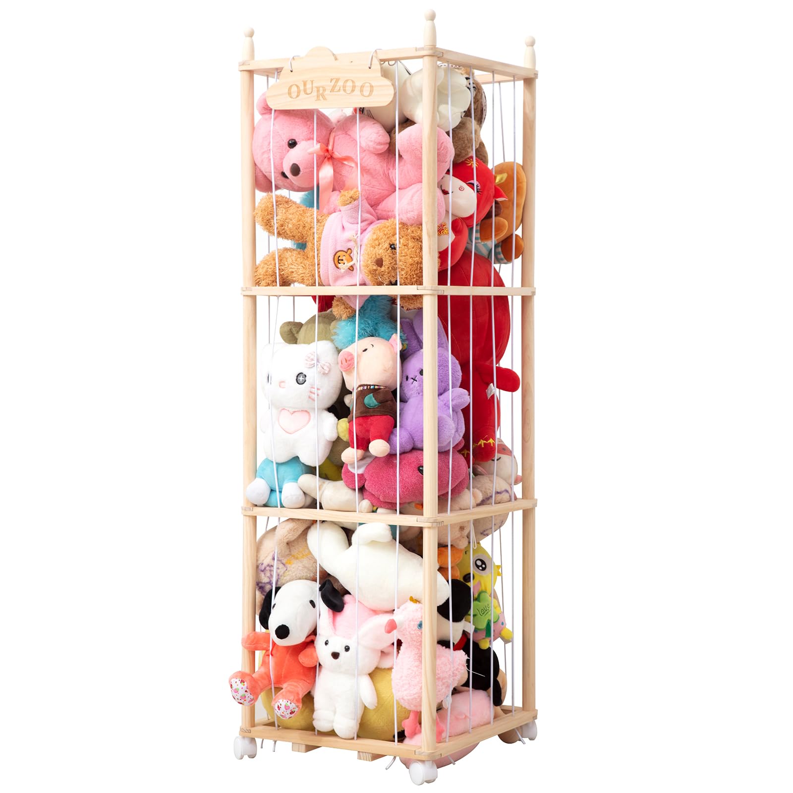 Nuoex stuffed animal storage tower front view with wheels for easy relocation.