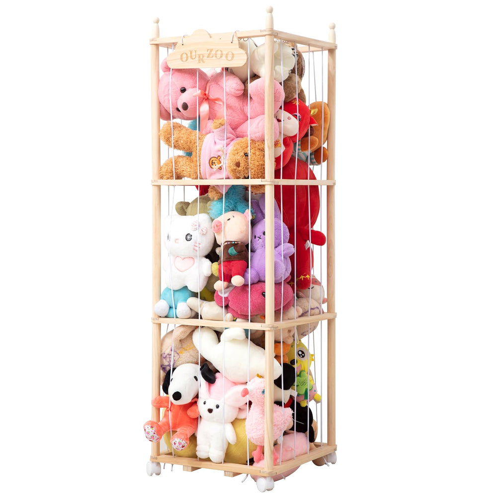 Nuoex stuffed animal storage tower front view with wheels for easy relocation.